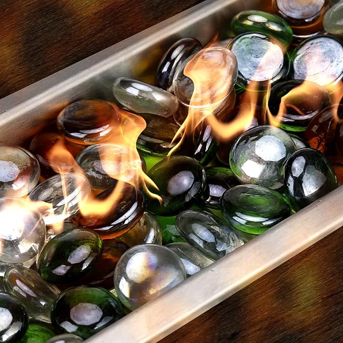 Mr. Fireglass 10 Pound Blended Fire Glass Beads, 1/2" High Luster Mixed Colored Fire Glass Drops for Fireplace Fire Pit & Lanscaping, Emerald Green, Crystal Ice, Caramel