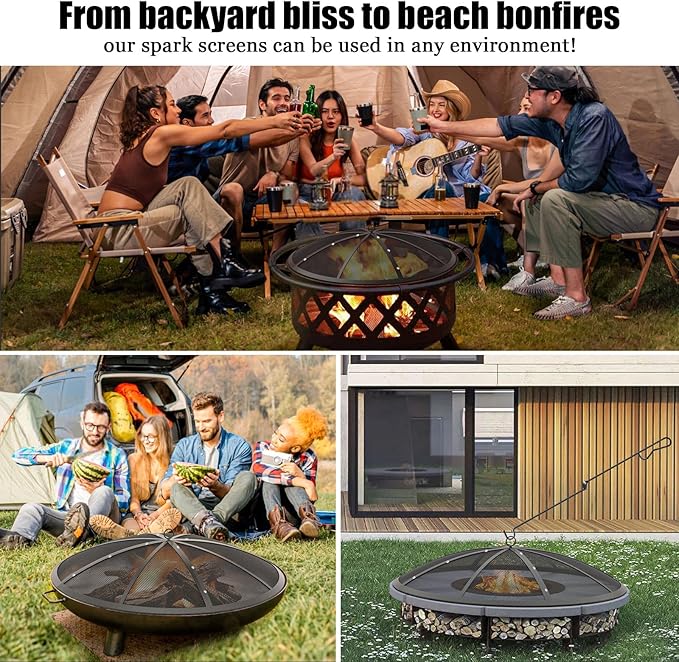 Fire Pit Spark Screen, 30 Inch Fire Pit Screen with Handle & Poker, Heavy-Duty Steel Fire Pit Cover Round Mesh Replacement Outdoor Firepit Screen Lid for Backyard/Beach/RV Camping