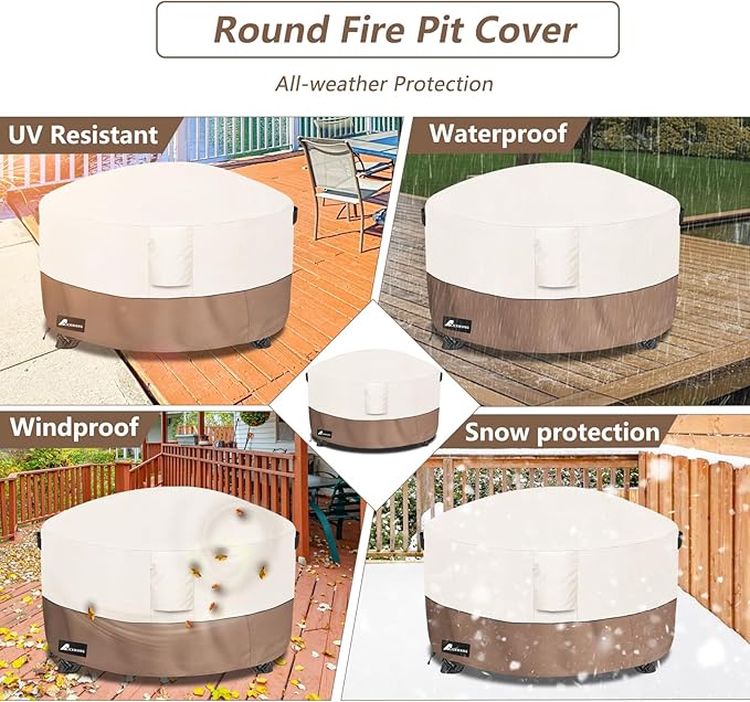 Fire Pit Cover Round 36 Inch Waterproof,Outdoor Heavy Duty Durable 600D Tear-Resistant Fire Pit Table Cover,Patio Round Firepit Cover 36" D x 24" H, Beige