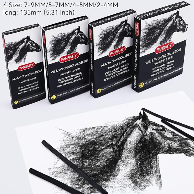 PANDAFLY Willow Charcoal Sticks, Soft, Black Artist Vine Charcoal for Artists, Beginners, Students, Great for Sketching, Drawing, Shading and Fine Art, 4-5mm, 25 Pack