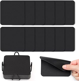 Myir JUN Coasters Glass Coasters Set of 12 4 inch Double Sided Faux Leather Coaster Waterproof Non-Slip Easy to Clean with Coaster Holder(Black)