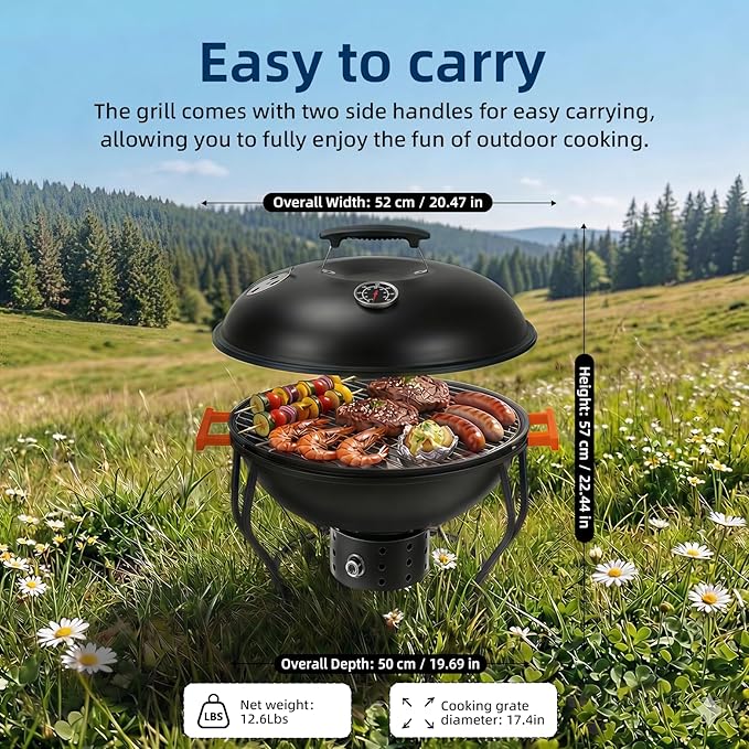 Portable Charcoal Grill with Built-In Thermometer, Adjustable Air Vent & Easy Cleanup, Portable BBQ Grill for Camping, Tailgating, Picnics and Small Backyard Cookouts, Easy-to-Carry Outdoor Grill