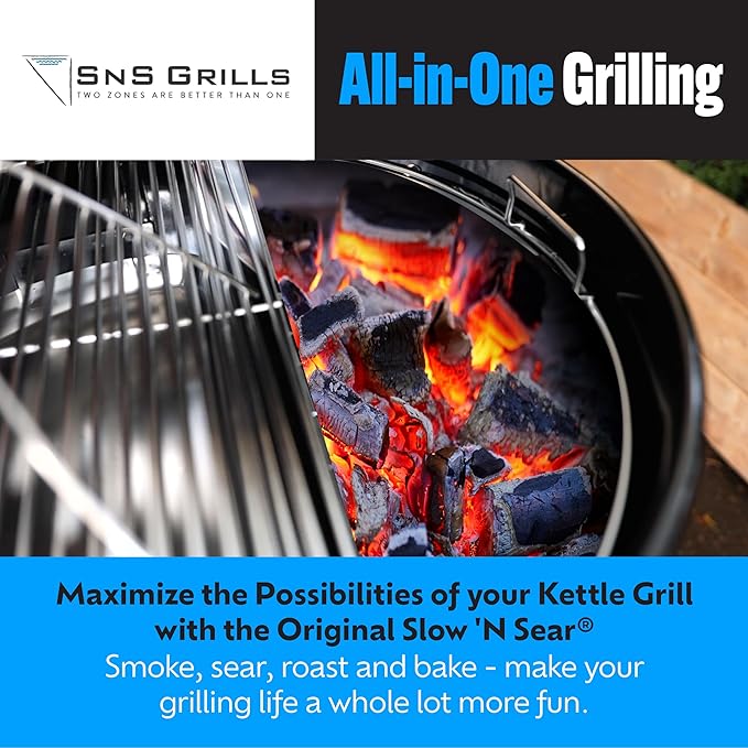 SnS Grills Slow ‘N Sear Original Charcoal Basket for Weber 22” Kettle — Two-Zone Smoker Attachment for Low and Slow BBQ, Reverse Sear — America’s Test Kitchen Best Grill Accessory