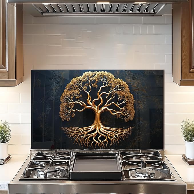 DAIFURONGE Tempered Glass Backsplash for Kitchen, Tree of Life Art Stove Backsplash Protector - Easy to Clean Wall Decor (Art Deco 1, 30"x18"(76.2x45.72cm))