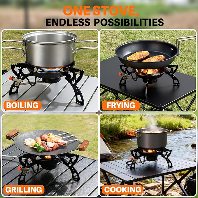 camping stove - made of 4mm carbon steel, featuring piezoelectric ignition and a 39-inch hose ideal for backpacking, hiking, and outdoor cooking