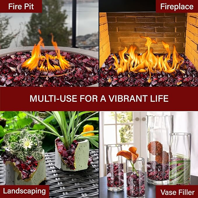 NUPICK 10 Pound Fire Glass, 1/2 Inch Shiny Fire Pit Glass, Tempered Firepit Glass Rock for Propane or Natural Gas, Glass Rocks for Fire Pit Table, Fireplace Glass for Landscaping, Red