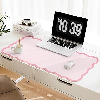 Scalloped Desk Mat, 31.5" x 15.7" Large Cute Aesthetic Desk Accessories, PU Leather Computer Laptop Desk Mouse Keyboard Pad, Desk Writing Mat for Vanity/Work/Home Decor (Pink, 31.5" x 15.7")