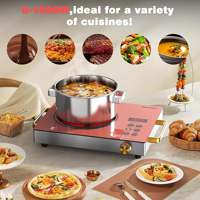 Karinear Portable Electric Stove 110V, 1800W Electric Hot Plate with Handle, Knob Control Single Burner Electri Cooktop, Ceramic Infrared Countertop Burner, Timer, Safety Lock(Pink)