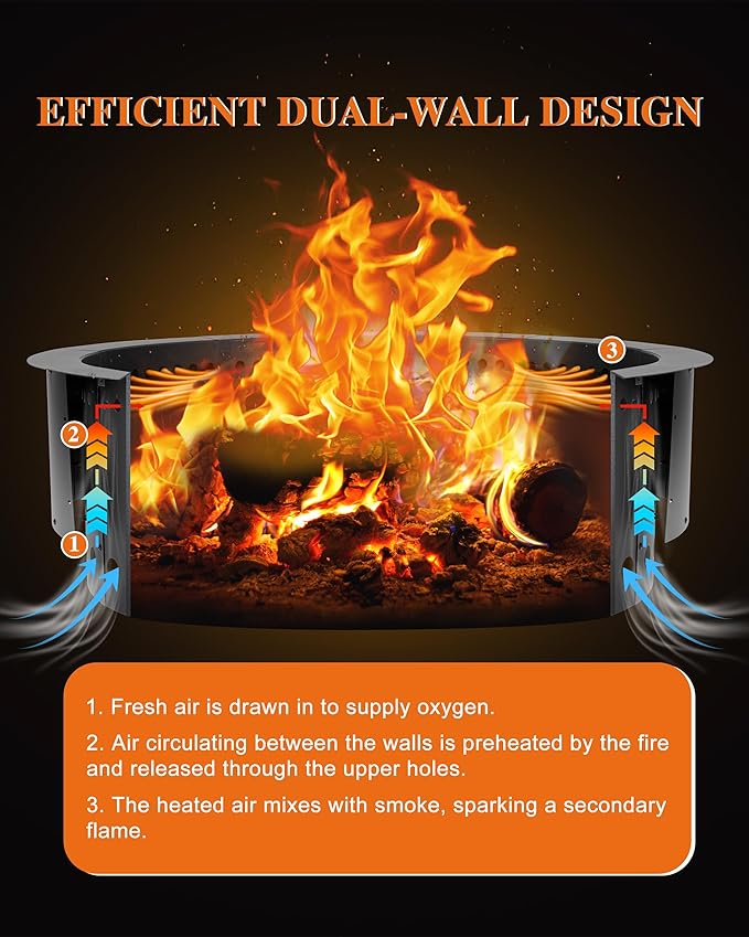 BPS Metal Fire Pit Ring, 37 Inch Outer/30 Inch Inner Smokeless Double-Layer Outdoor Firepit Insert for Backyard Wood Burning, Campfire