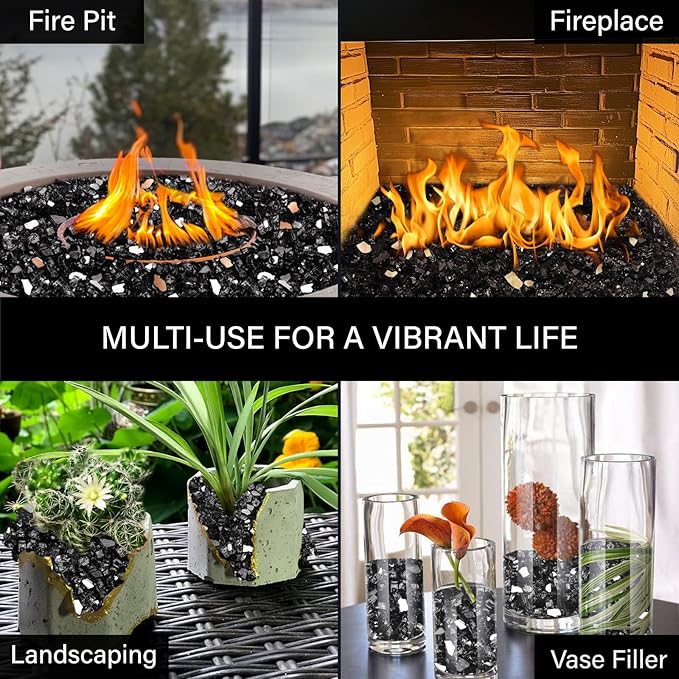 NUPICK 20 Pound Fire Glass, 1/4 Inch Reflective Fire Pit Glass, Tempered Firepit Glass Rock for Propane or Natural Gas, Glass Rocks for Fire Pit Table, Fireplace Glass for Landscaping, Black