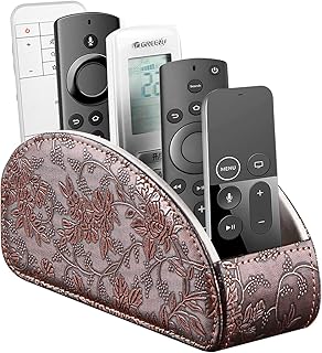YAPISHI All-in-One Leather Brown TV Remote Holder with 5 Compartments Nightstand Desktop Media Player Remote Caddy Storage Box Organizer Tray for Mobile Office Phone Controller