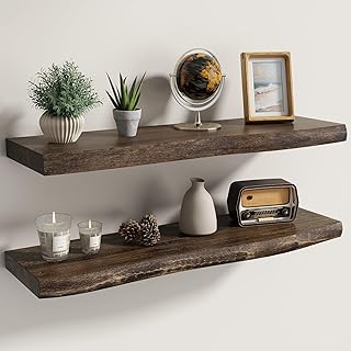 Fun Memories Solid Elm Wood Live Edge Floating Shelves for Wall, 30 x 8 Inch Rustic Wall Shelves Set of 2 with Invisible Brackets for Living Room Bedroom Kitchen, Walnut
