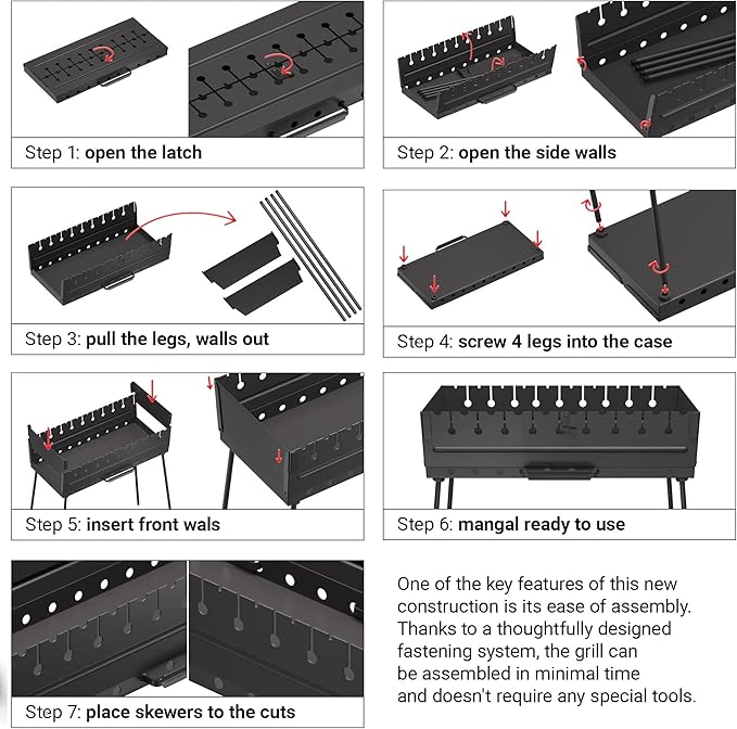 Charcoal Grill for 10 Skewers - Portable Barbecue Kabob Camp Grills - Foldable Metal Mangal - Kebab Shish BBQ for EDC Picnic Outdoor Cooking Camping Hiking (Skewers Not Included)