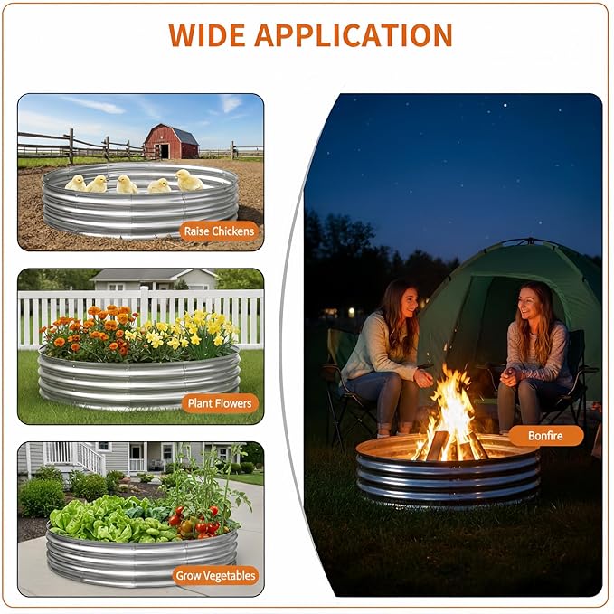 60 Inch Galvanized Steel Fire Pit Ring, 12 Inch Raised Heavy Duty Wood Burning Campfire Ring, Heat Resistant Outdoor Fireplace for Backyard, Patio & Camping