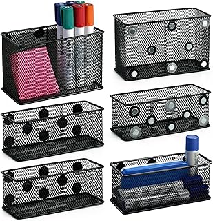 Neudeco Magnetic Locker Organizer and Accessories, Wire Mesh Magnetic Storage Basket, Magnetic Holder for Dry Erase Markers, Strong Magnet Pen Holder for Fridge School, Black, Pack of 6