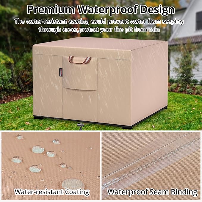 QH.HOME Fire Pit Cover Square 29-32 Inch Heavy Duty 900D Strong Tear-Resistant and Waterproof and Fading Resistant Material Polyester UV Resistant Firepit Covers for Outdoor Fire Table-Wheat