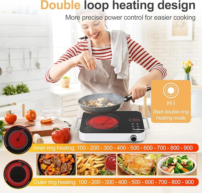 GIHETKUT Single Burner Electric Cooktop,1800W 110V Electric Stove Top with Knob Control, Portable Cooktop with 2 Handle,single burner electric stove with Double Ring Heating, 4 hours Timer