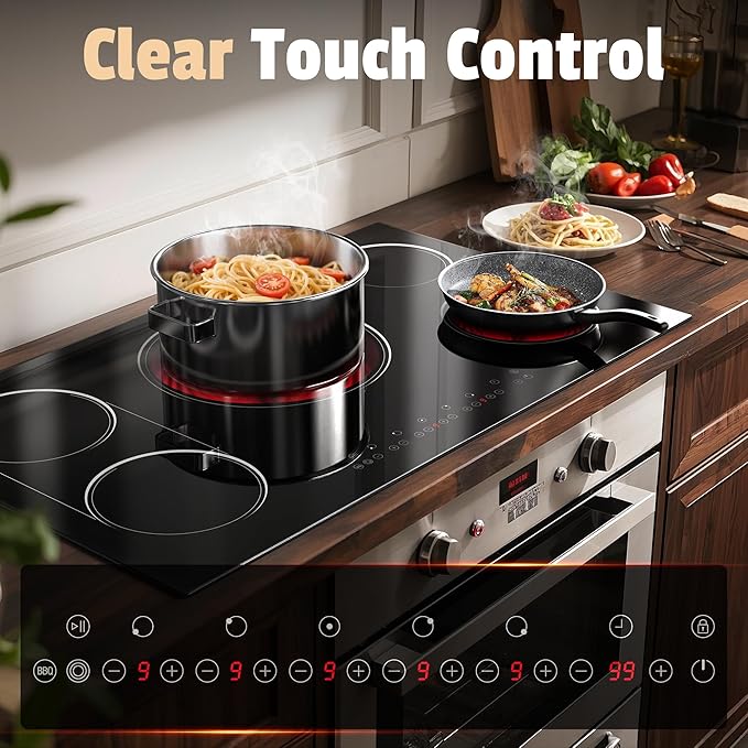 5 Burner Electric Cooktop 36 Inch, Nefaracy Built-in Electric Stove Top 9600W, 36'' Ceramic Cooktop with Touch Control, BBQ Burner, Timer & Pause, Safety Lock, 220V Hard Wire