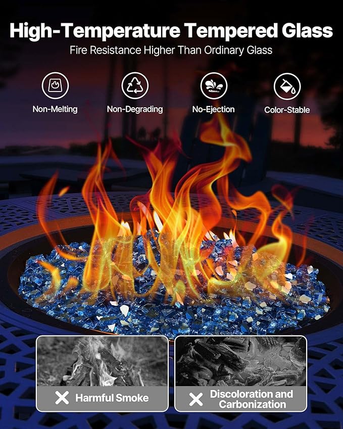 VEVOR Fire Glass, 10 lbs, Pacific Blue, 1/2 Inch High-Temperature Resistant Reflective Glass Rocks, Smokeless Fire Pit Stones for Outdoor Table & Landscaping