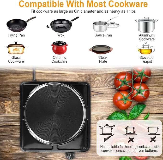7” Electric Single Burner, 1500W Portable Stainless Steel Countertop Hot Plate Stove Cooktop with Non Slip Rubber Feet for RV/Home/Camp, 5 Temperature Adjustments