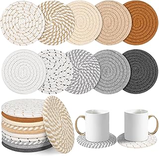 Vivinin 10-Pack Boho Cotton Coasters - Absorbent Drink Coasters, Woven, 4.3" - 10 Colors, Room Decor, Bar, Housewarming Gift