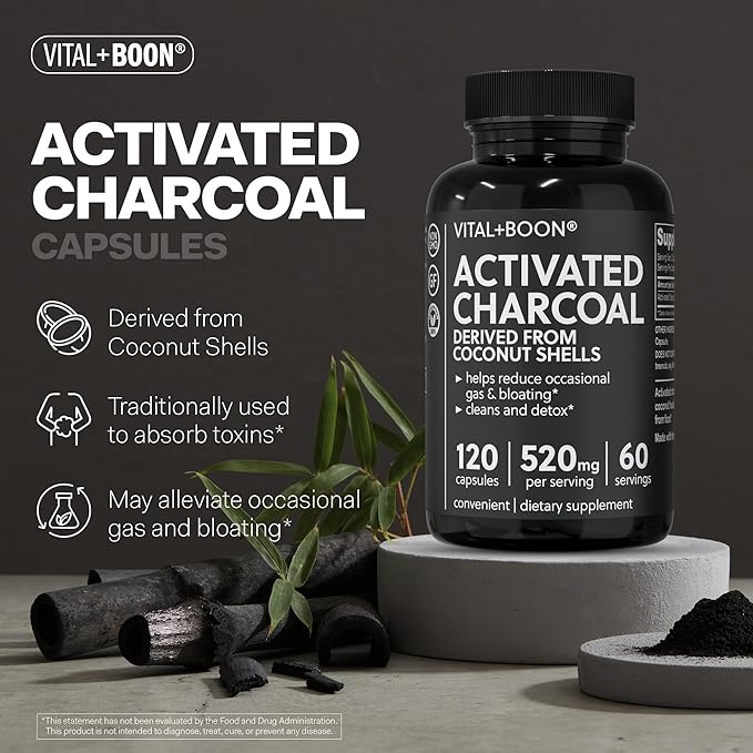 Vital+Boon Activated Charcoal Pills – Derived from Coconut Shells – Black Charcoal Binder for Stomach, Gas & Bloating Relief – Gluten Free Vegetarian Active Carbon to Support Detox (120 Capsules)