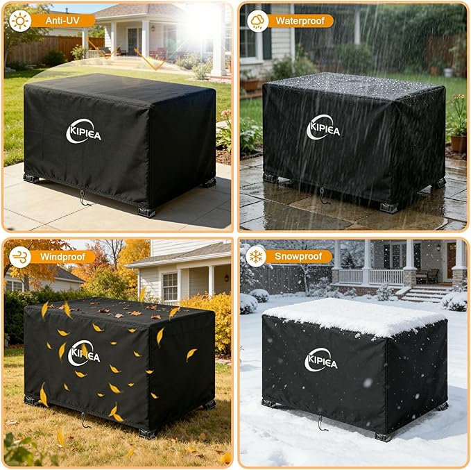 Kipiea Rectangular Fire Pit Cover – Upgraded 600D Heavy Duty, 100% Waterproof Propane Fire Table Cover, UV and Tear Resistant Outdoor Fire Pit Table Cover for 48" L x 28" W x 24" H, Black