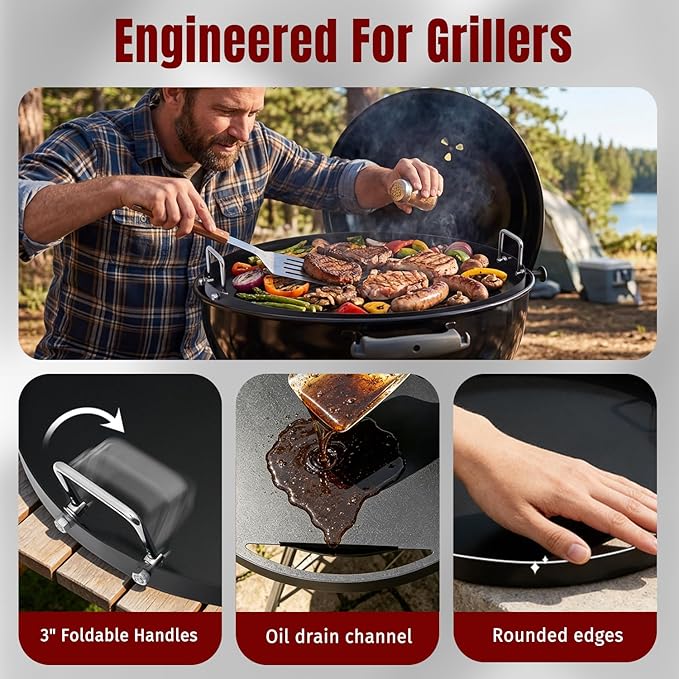 Carbon Steel Griddle for Weber 22" Charcoal Grills, Nano-Ceramic Nonstick Griddle Insert with Foldable Handles,Rust‑Resistant Flat Top Griddle for 22.5" Weber Kettle Grill and Most 22" Round Grills