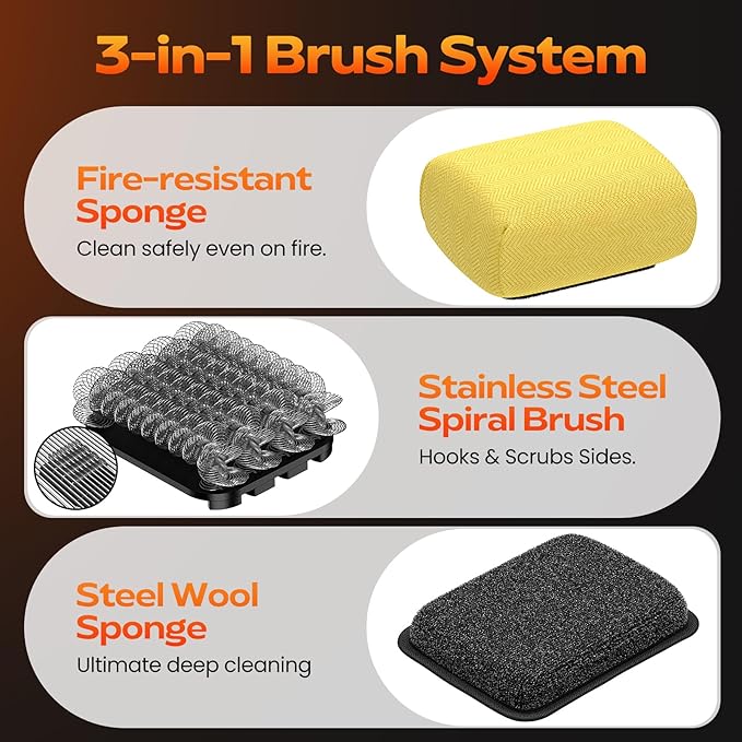 Reciprocating Electric Grill Brush, Fire-Resistant BBQ Grill Brush, Bristle-Free Grill Brush for Outdoor Grill, Grill Cleaner with 3 Heads, Cordless Grill Cleaning Brush with 3600 mAn, Silver