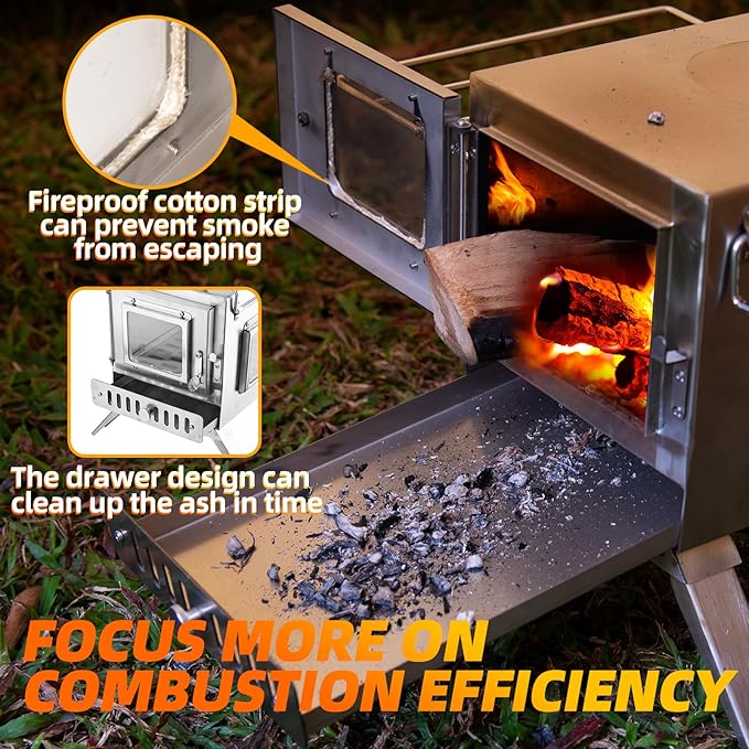 Hot Tent Stove, AVOFOREST 304 Stainless Wood Burning Stove, Portable Wood Stove with 6 Stainless Chimney Pipes for Outdoor Heating & Cooking, Ice Fishing, Hunting