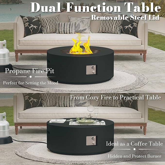 32.5 Inch Propane Fire Pit Table, 50,000 BTU Round Patio Fire Pit Table Outdoor, CSA Certified, Stainless Burner with Steel Lid, Waterproof Cover & Lava Rocks, for Garden Backyard, Black