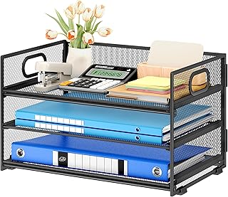 Subekyu 3 Tier Paper Letter Tray Organizer for Desk, Black Metal Mesh Desk File Folder Sorter Organizer with Handle and Sliding Tray for Home, Office, School Supplies Organization Storage