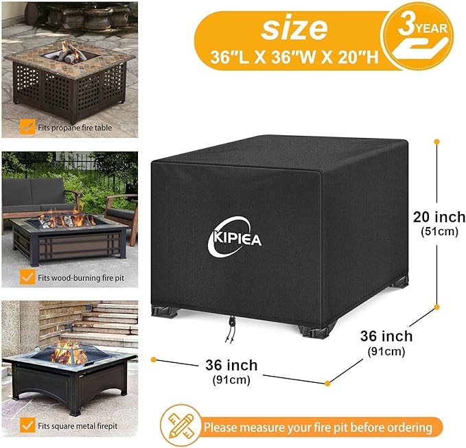 Kipiea Square Fire Pit Cover - Upgraded 600D Strong Tear Resistant, 100% Waterproof Fire Pit Table Cover, UPF 50+ Outdoor Firepit Cover Square Fading Resistant, 36" L x 36" W x 20" H