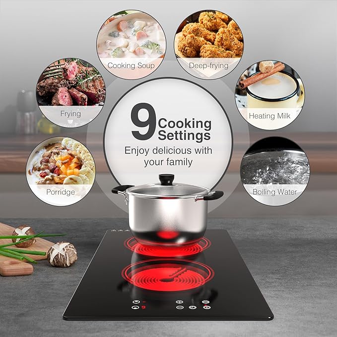 GIHETKUT Electric Cooktop,Built-in and Countertop Electric Stove Top, 2100W 110V Electric Burner 9 Heating Level, Timer & Kid Safety Lock, Sensor Touch Control 2 Burner Electric Cooktop.