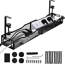 Under Desk Cable Management Box 25.3 Inch – Clamp-Mounted Cable Organizer Tray, Large Cord Management Box for Office & Home, Wire Organizer Under Desk Storage, Black