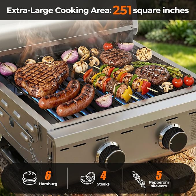 Electactic 16,000 BTUs Portable Tabletop Gas Grill, 2-Burner Propane Grill with 251 Sq.in Cooking Area, Stainless Steel BBQ Grill with Foldable Legs, Easy Assemble & Clean for Patio, Camping, Tailgate