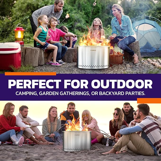 CAMPIOR Large Wood Burning Fire Pit Stove - Smokeless Outdoor Stove for Efficient Wood Fires, Camping, Cooking, and Garden Gatherings, Durable Stainless Steel with Removable Ash Pan, 20.94 lbs