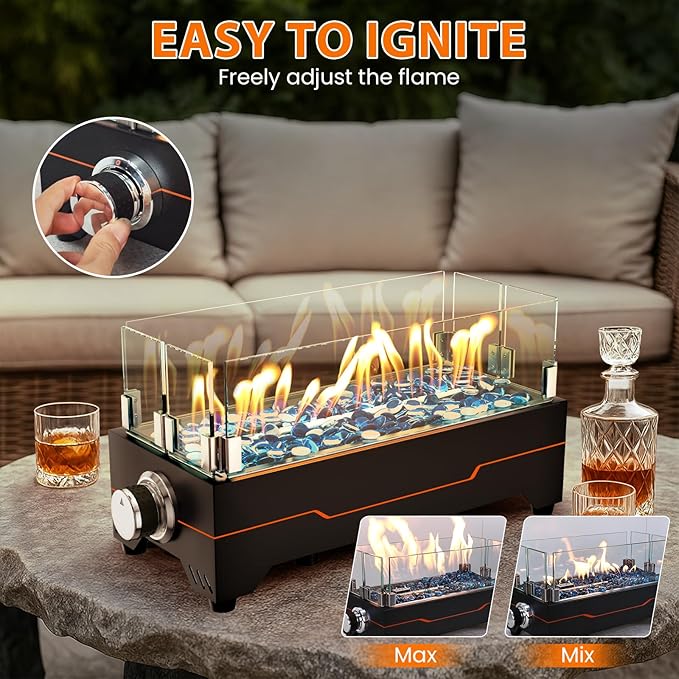 GRISUN Tabletop Fire Pit,15 Inch Propane Fire Pit Table,30000 BTU Table Top Firepit with Glass Wind Guard,Stainless Steel Burner,Fire Glass,Portable Propane fire Pit for Patio, Camping, Backyard & RV