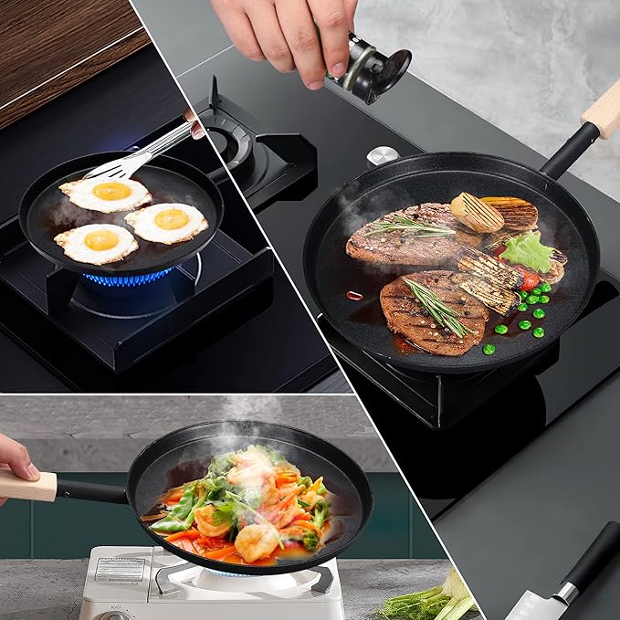 bodkar Frying Pan Skillet 8-inch Flat Griddle Pan, Lightweight Small Grill Pan with Wooden Handle for Camping Indoor Outdoor Cooking