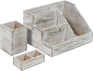 HBCY Creations Rustic Wooden Desk Organizer Set, 3-Piece Whitewashed Mail Organizer for Desktop - Great for Rustic or Industrial Home Decor