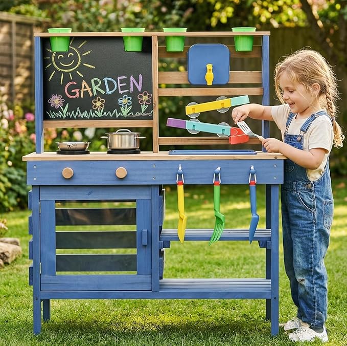 Wooden Outdoor Mud Kitchen for Kids, Pretend Play Kitchen Playset with Removable Sink, Faucet, Stove Top, Planting Area & Cooking Accessories, Toddler Gift for Boys Girls Ages 3+ (Blue)