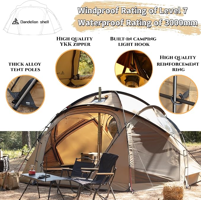 Hot Tent with Stove Jack – 4 Season Waterproof & Windproof Shelter for 1–4 People, Lightweight for Camping, Hiking, Hunting & Fishing