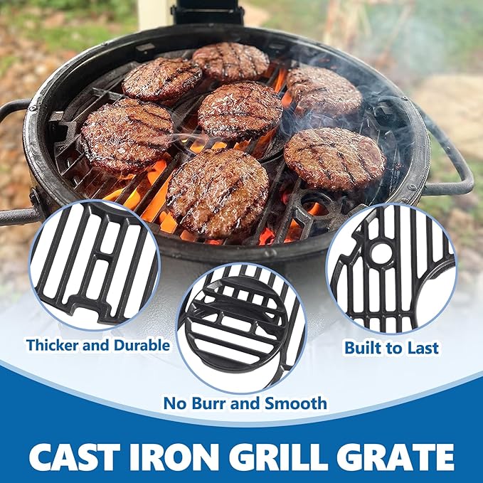 SafBbcue Round Cast Iron Grill Grate for Char-Griller AKORN Jr. Portable Kamado Charcoal Grill and Smoker Replacement Parts, Charcoal Grate for Kamado Akorn E86714 Grills Accessories, with Grid Lifter