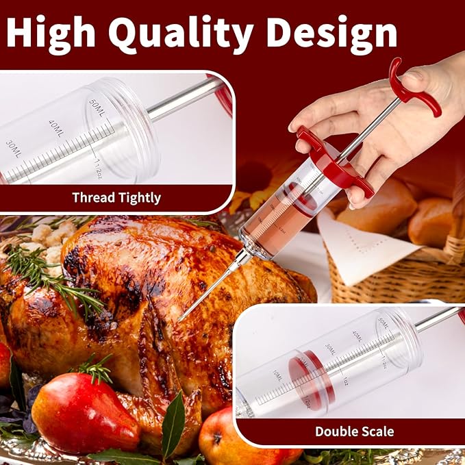 Turkey Meat Injector Syringe Kit with 3 Marinade Needles for BBQ Grill Smoker, 1 Cleaning Brush, 1.7 Oz/50 ml Large Capacity Injector Marinades for Meats Red