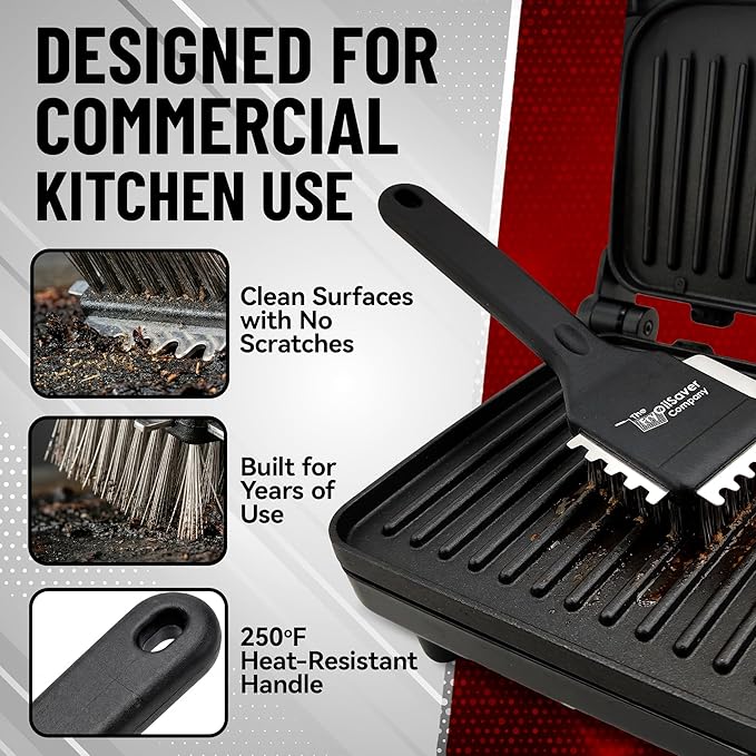 Panini Grill Brush Cleaner - Commercial BBQ & Electric Press Scraper – Heavy Duty Stainless Steel Bristles - 3-in-1 Head Grill Brush w/Scraper for Ribbed or Flat Surfaces by FryOilSaver Co - 90052