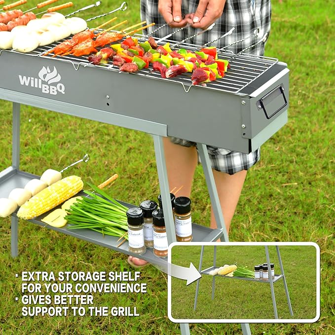 WILLBBQ Charcoal Grills Commercial Quality Portable Hibachi BBQ Lamb Skewer Detachable‌ Camping Barbecue Grill for Backyard Outdoor Cooking Use(31.6x10.3x5.1 inch)