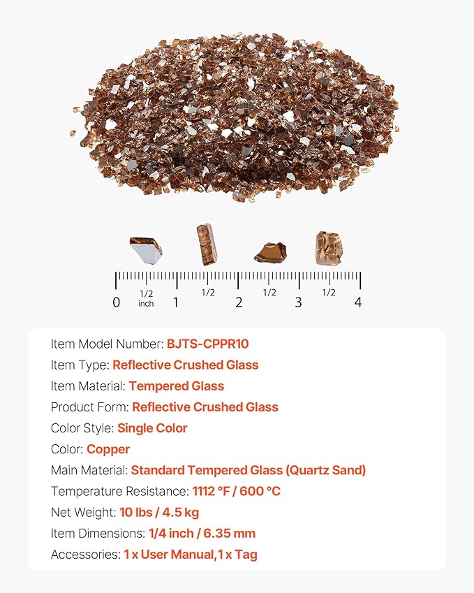 VEVOR Fire Glass, 10 lbs, Copper, 1/4 Inch High-Temperature Resistant Reflective Glass Rocks, Smokeless Fire Pit Stones for Outdoor Table & Landscaping