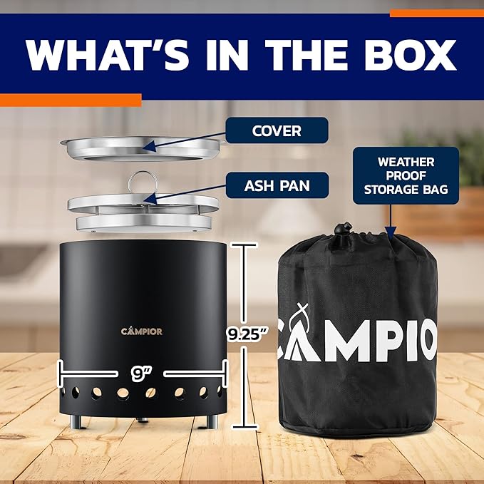 CAMPIOR Wood Burning Fire Pit Stove with Black Exterior - Smokeless Outdoor Stove for Efficient Wood Fires, Camping, and Gatherings, Stainless Steel with Removable Ash Pan, Stand and Carry Bag