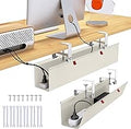 28" Small Under Desk Cable Management Tray No Drill, Compact Clamp On Cord Organizer for Dorm & Small Desk, Anti-Sag Oxford Fabric Wire Hider, Power Strip Holder (Beige, 28.6")