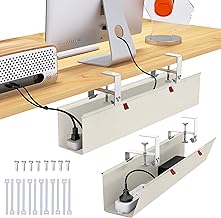 28" Small Under Desk Cable Management Tray No Drill, Compact Clamp On Cord Organizer for Dorm & Small Desk, Anti-Sag Oxford Fabric Wire Hider, Power Strip Holder (Beige, 28.6")